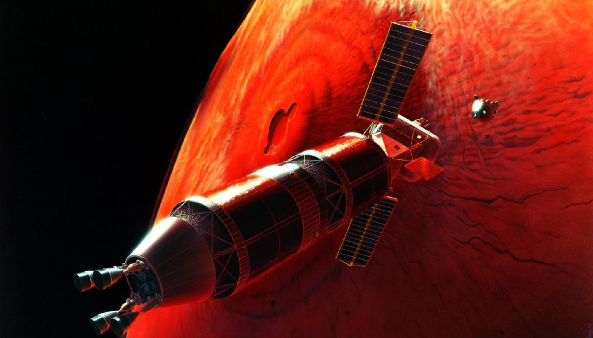 Concepto artístico de un vehículo de transferencia de propulsión térmica nuclear y la etapa de ascenso de un módulo de aterrizaje en Marte de dos etapas preparándose para el encuentro. Fuente: Beyond Nuclear International